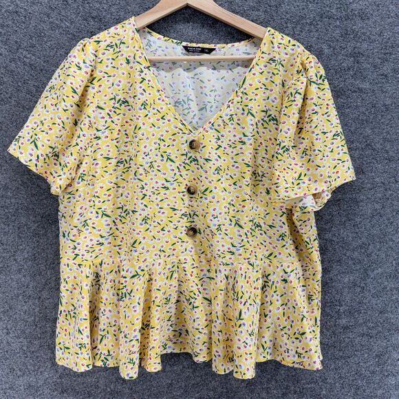 SheIn Blouse Women XL Yellow Floral V-Neck Short Sleeve Button Casual Comfort - Picture 1 of 7